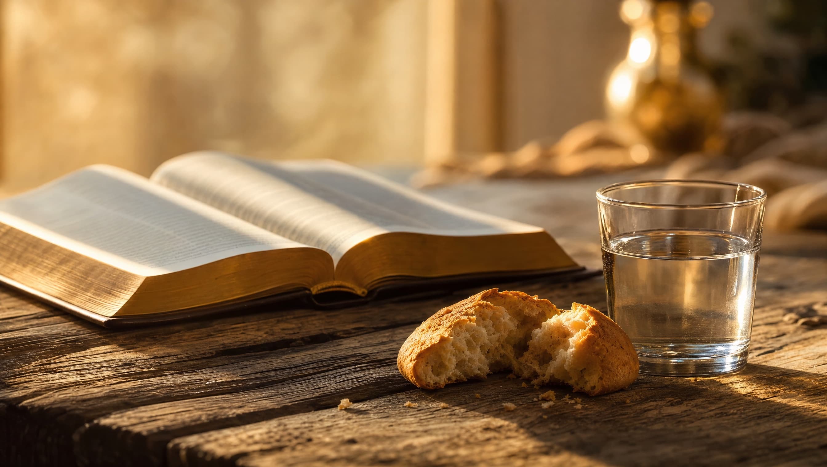 Aufgeschlagene Bibel, Brot und ein Glas Wasser im warmen Morgenlicht
